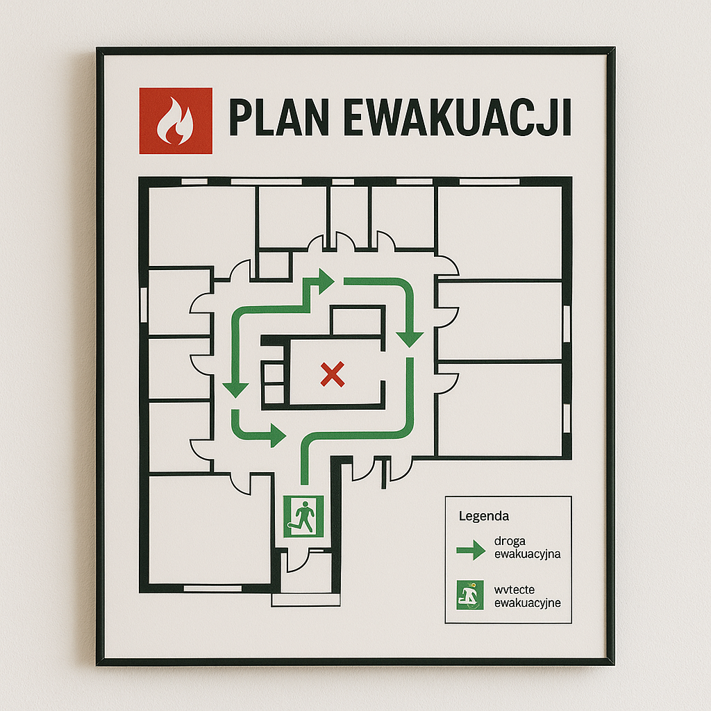 Plan ewakuacji na ścianie